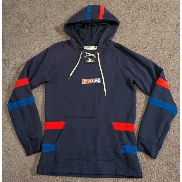 RARE CCM Vintage Jersey Lace Drawstring Pullover Logo Hoodie Men's Small - Picture 1 of 5